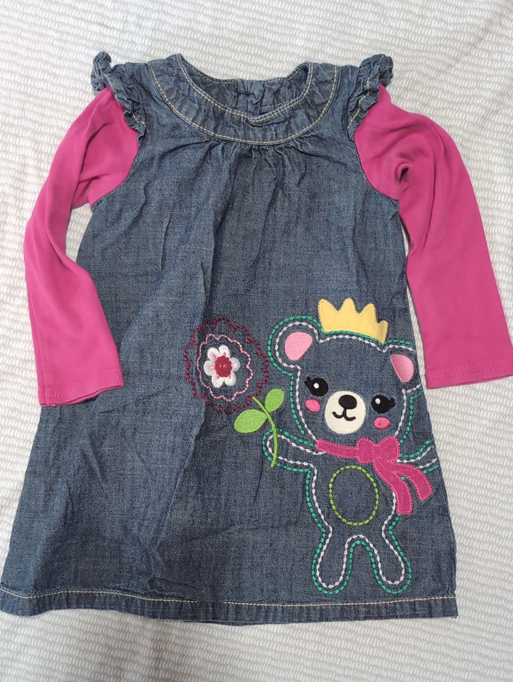Gymboree Girls Dress with Pink Sleeves and Bear Appliqué 18-24M *R20